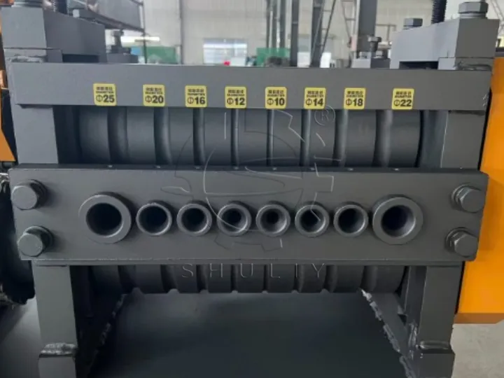 The inlet holes of a Shuliy rebar straightening machine, showing different sizes for various rebar diameters from 10mm to 25mm